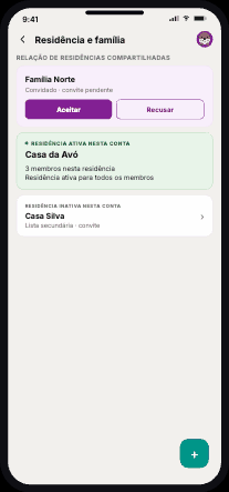 Tela real de selecao e gestao de residencias no PantryBuddy.
