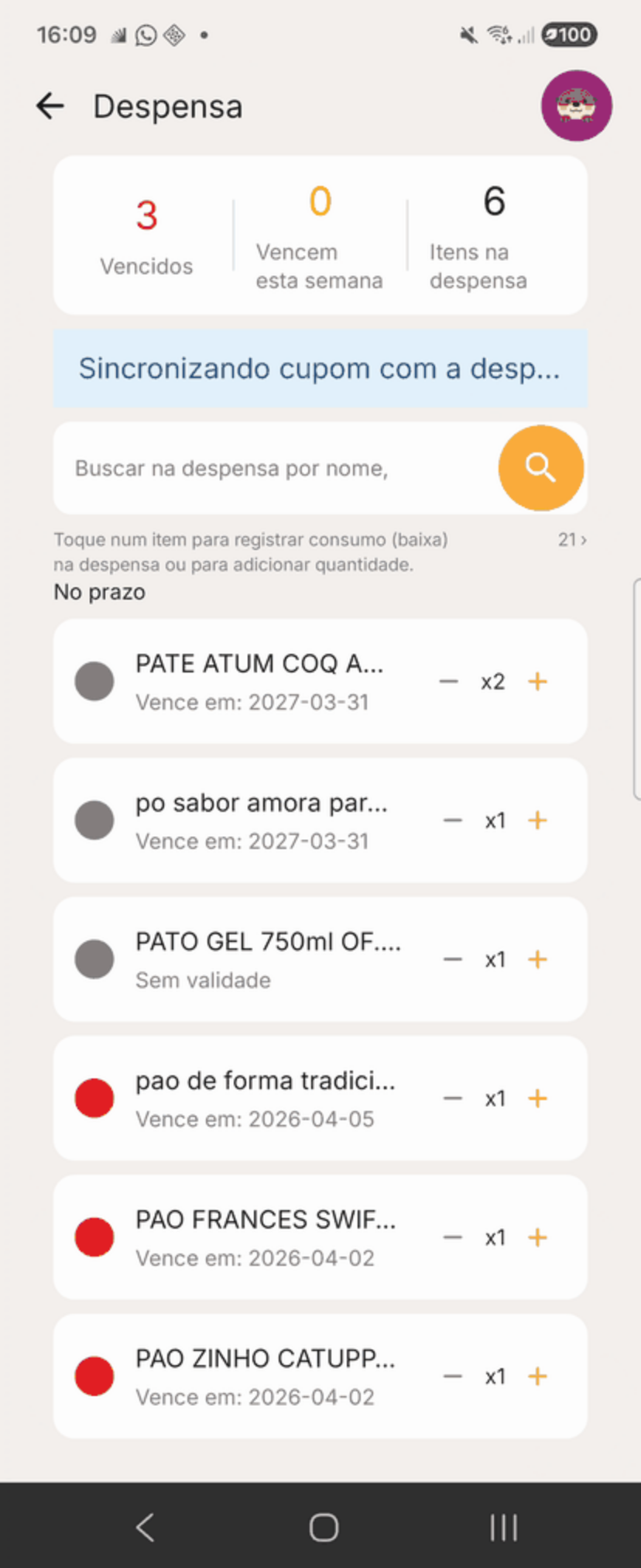 Tela real de despensa do PantryBuddy com item arroz e status de sincronizacao.