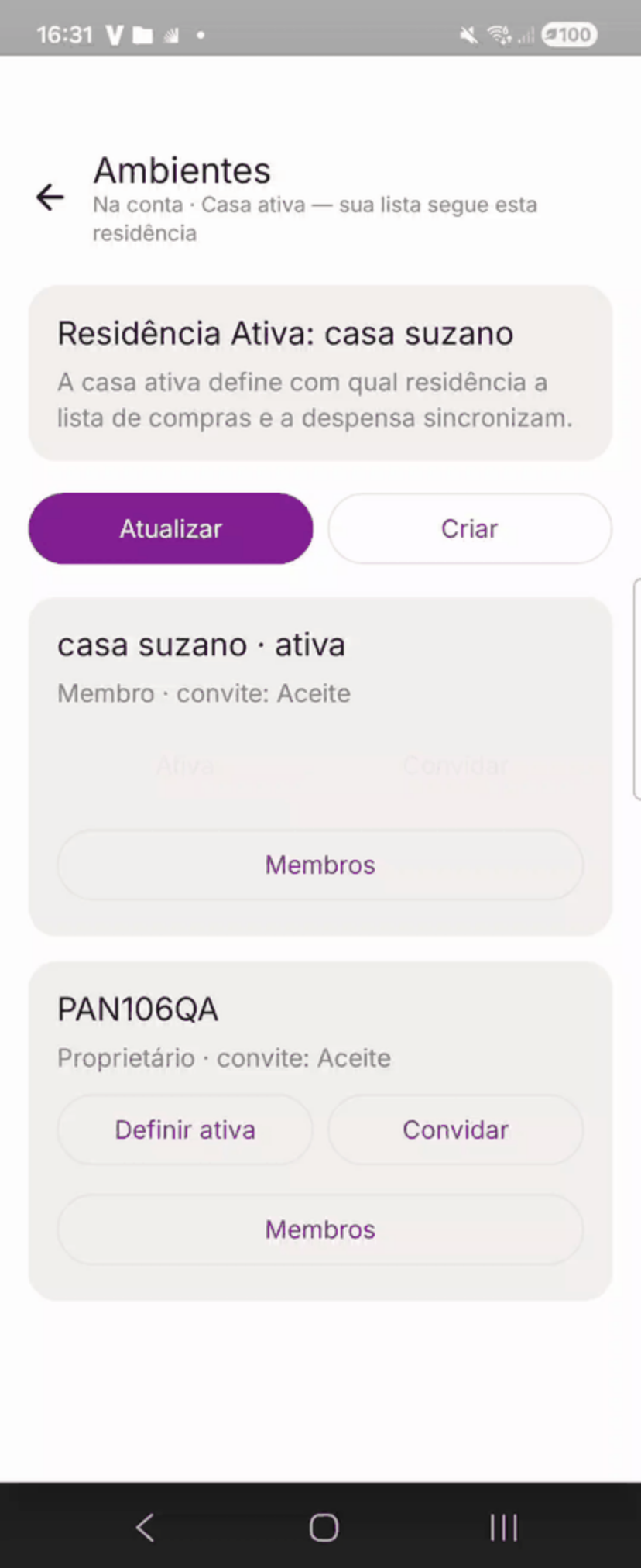 Tela real de selecao e gestao de residencias no PantryBuddy.